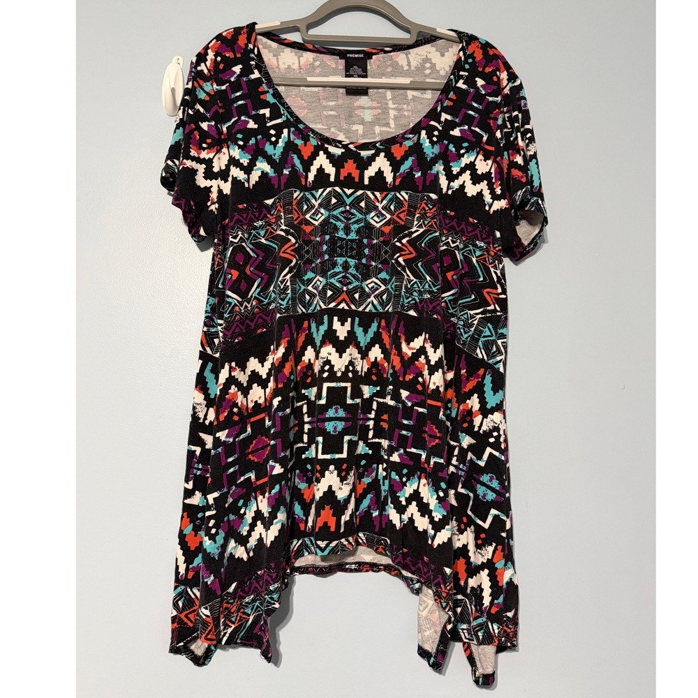 Premise Aztec Print Sharkbite Hem Tunic Women's XXL Multicolor Short Sleeve 1560